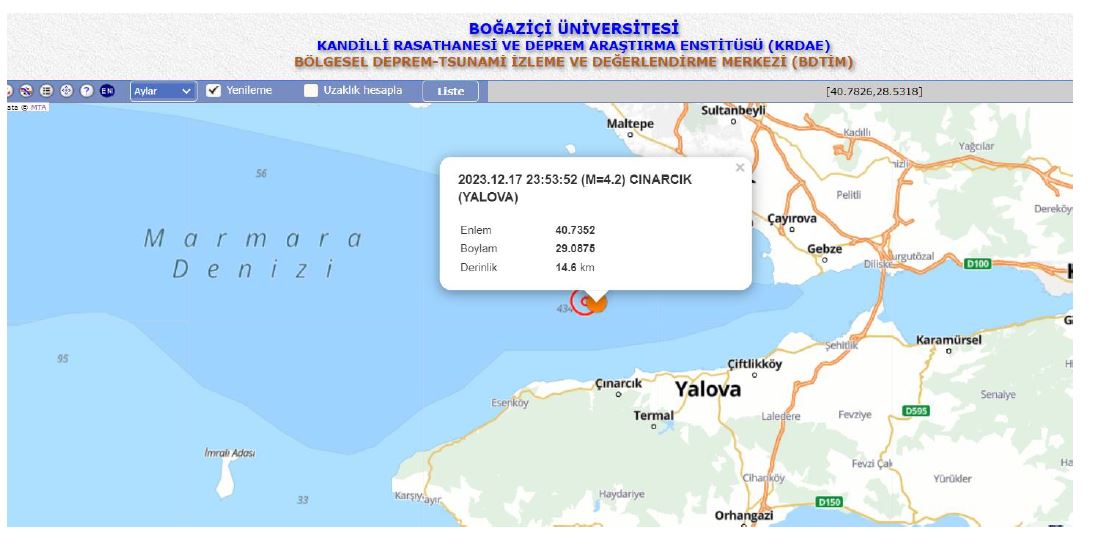 17 ARALIK 2023 ÇINARCIK AÇIKLARI (MARMARA DENİZİ) DEPREMİ BİLGİ NOTU